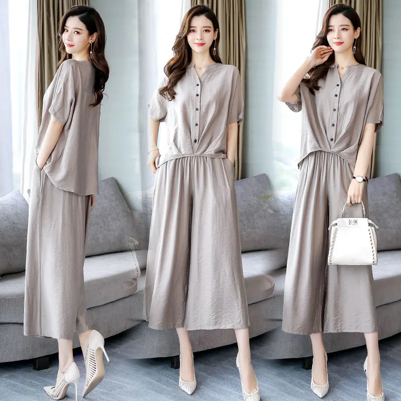 

2019 Summer V-neck Solid Color Fashion Comfortable Loose-Fit Single-Breasted Short Sleeve Slim Fit Slimming Set