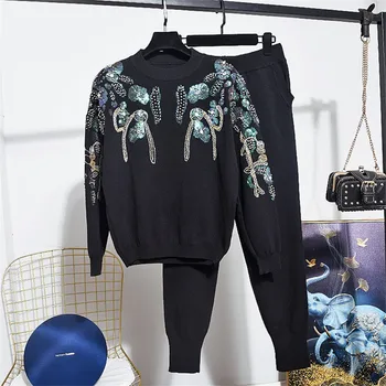 

Fashion Beading Sequins Embroidery Tracksuit Women Knitted Set Pullover Sweater Long Pants 2 Piece Set Loose Knit Outfits Female