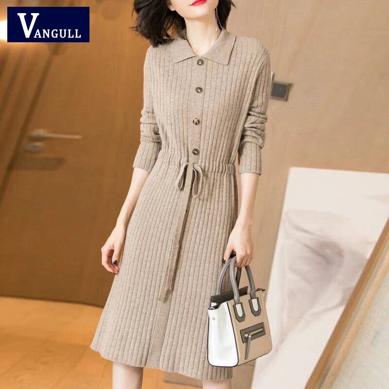 Buy Vangull Women Knitted Dresses Solid Female Long Sleeve Dress 2019 New Autumn Winter Turn down Collar Button Solid Slim Dresses