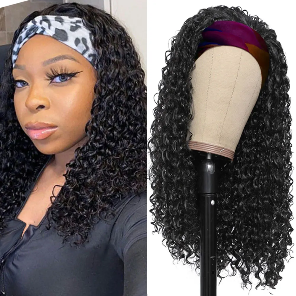 Headband Wig Kinky Curly Full Machine Made Wigs Synthetic Hair For Black Women Daily With | Шиньоны и парики