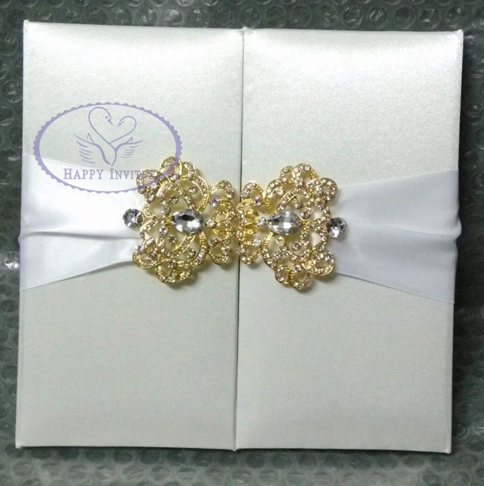 HI2003-11 Custom Beige Silk Folio Wedding Invitation with Gold Brooch More Colors Optional