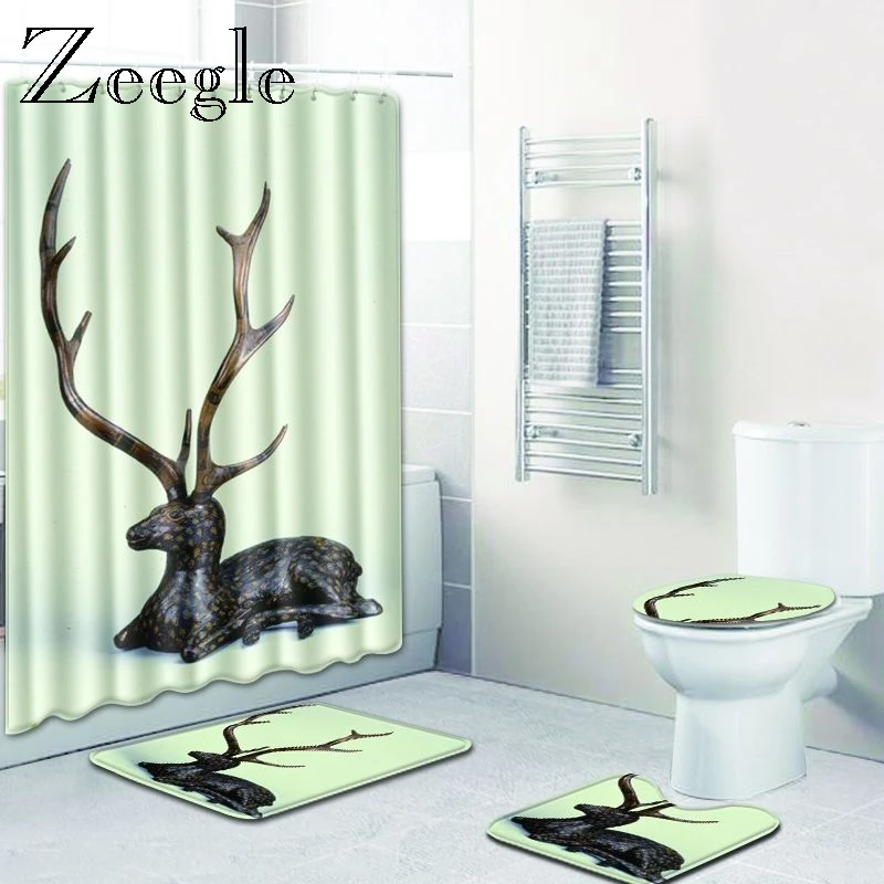 Zeegle Print Watipi Shower Curtain and Bath Mat Set Non-slip Toilet Foot Rug Waterproof Shower Curtain Polyester Bath Floor Mat