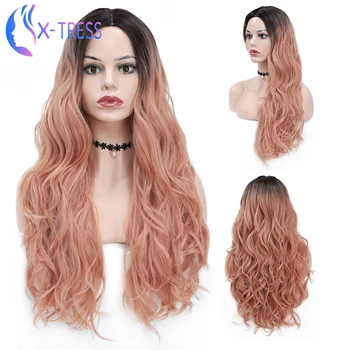 

Classical Super Wavy Synthetic Women's Hair 26inch Ombre Pink Colored Soft Wigs Heat Resistant Party Daily Colorful Hairstyle