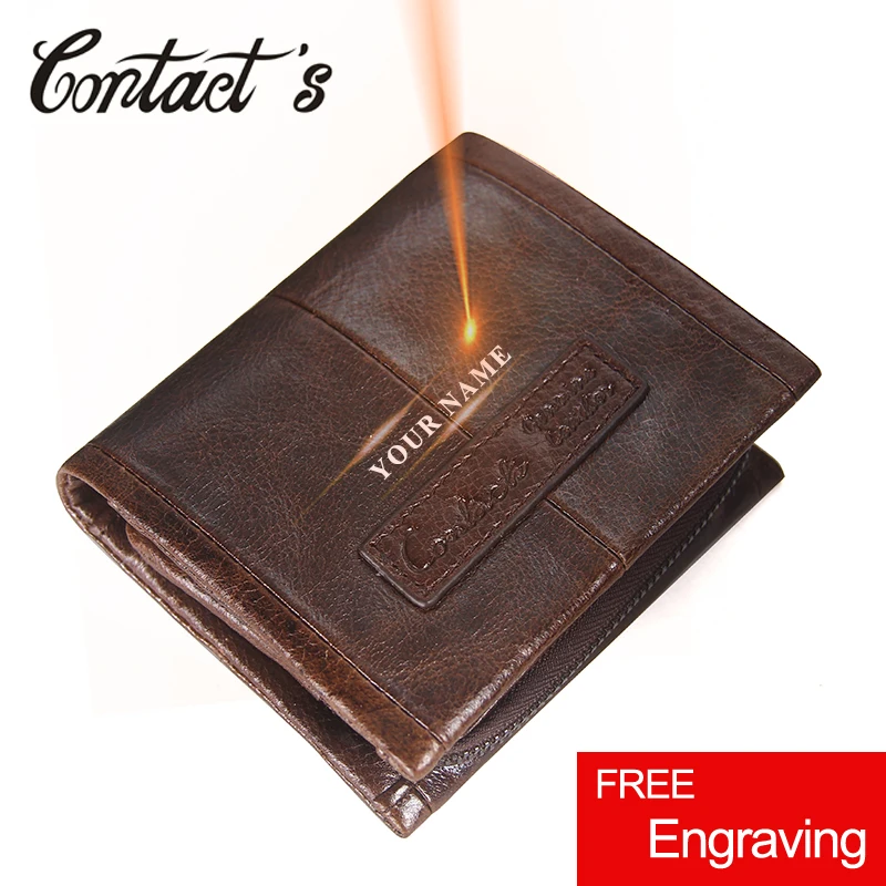 

Contact's Free Engraving Genuine Leather Men Wallets Coin Purse Zipper Small Card Holder Portfolio Male Wallet Mini Money Bag