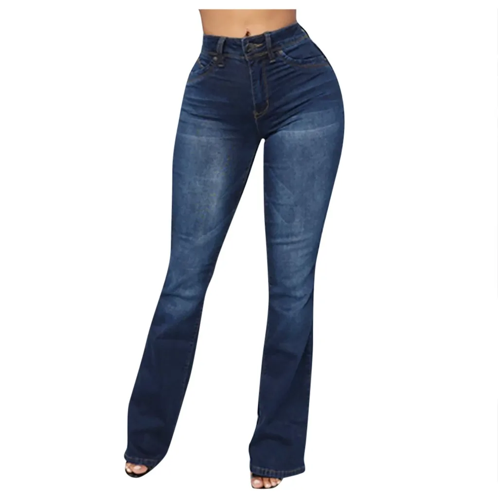 JAYCOSIN, женские повседневные расклешенные джинсы, одноцветные, средняя талия, высокая эластичность, Ретро стиль, обтягивающие штаны, модные, черные, темно-синие, 1125 - Цвет: Dark Blue