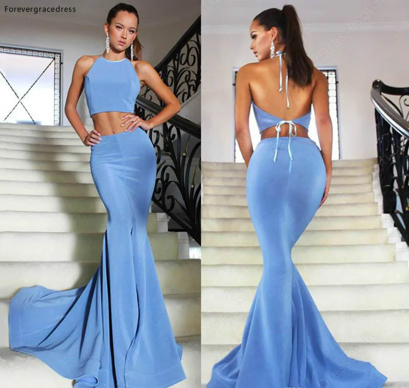 

Ocean Blue Evening Dress Simple Two Pieces Backless Formal Summer Holidays Wear Party Gown Custom Made Plus Size