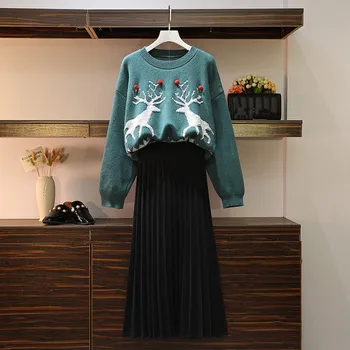 

HAMALIEL New 2019 Large Size Women Knit 2 Piece Set Winter Fawn Christmas Knitted Ball Sweater Tops And Woolen Pleated Skirt Set