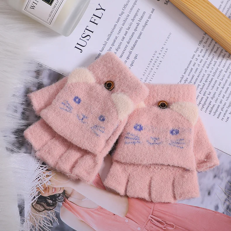 Новые осенне-зимние варежки детские вязаные перчатки с половинными пальцами детские теплые варежки с рисунком кота Мягкие перчатки для малышей