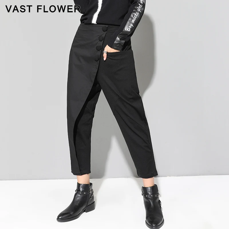 

2023 Spring Autumn Black Patchwork Irregular Harem Pants Women Elastic Waist Button Fashion Clothes Loose Casual Female Trousers