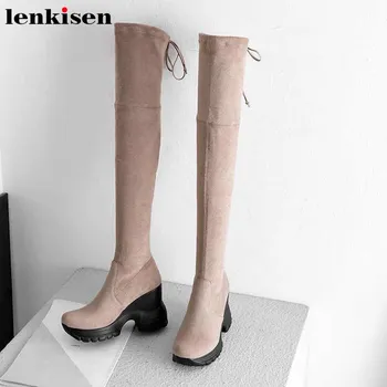 

Lenkisen big size wedges thick bottom stretch boots round toe solid lace up winter keep warm women fashion thigh high boots L11