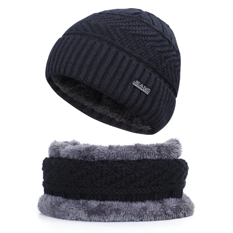 Black-1 new plush beanie winter man caps winter woman caps skullies warm Soft cap knit beanie 2 Pieces Set sport unisex popular - Цвет: Black-1