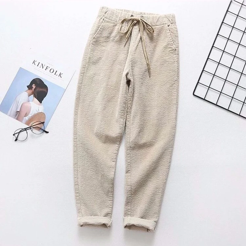 Lining With Fluff Corduroy Women Pants Elastic Waist Casual Female Harem Trousers