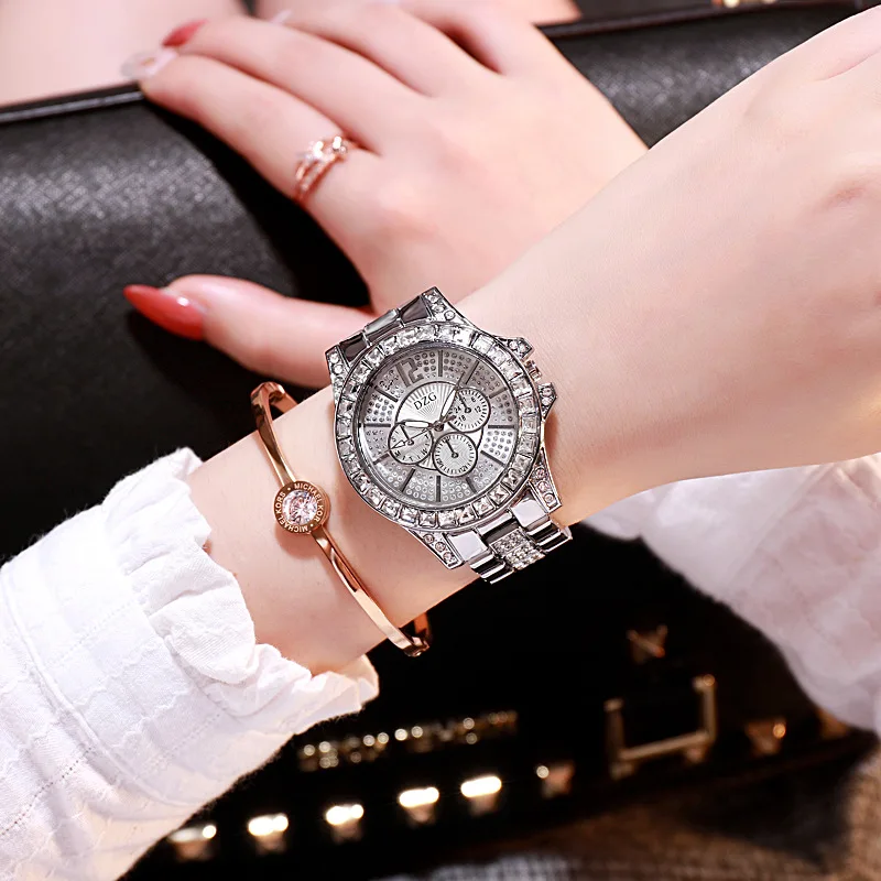 Новые женские часы Топ бренд Роскошные блестящие полностью Стразы Часы три глаза кварцевые золотистый, серебристый, цвета алмаза наручные часы