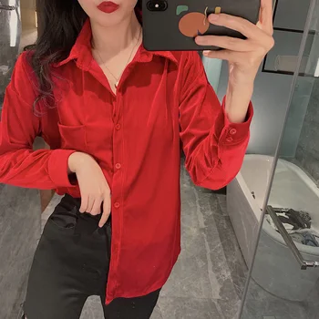 

COIGARSAM Vintage Full Sleeve Shirt Womens tops Winter Chiffon Turn-down Collar Women shirts Red 9259