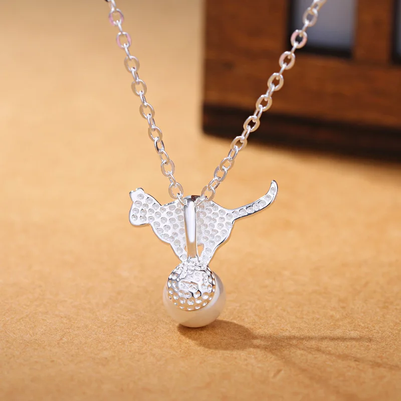 

925 Sterling Silver Simple Fashion Cat Pearl Pendant Necklace Europe Cute Kitten Clavicle Chain Sweater Chain