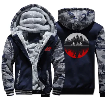 

Men Stranger things hooded hoodie camouflage plus velvet thick sweatshirt long sleeve zipper jacket 2019 fall winter trend coats