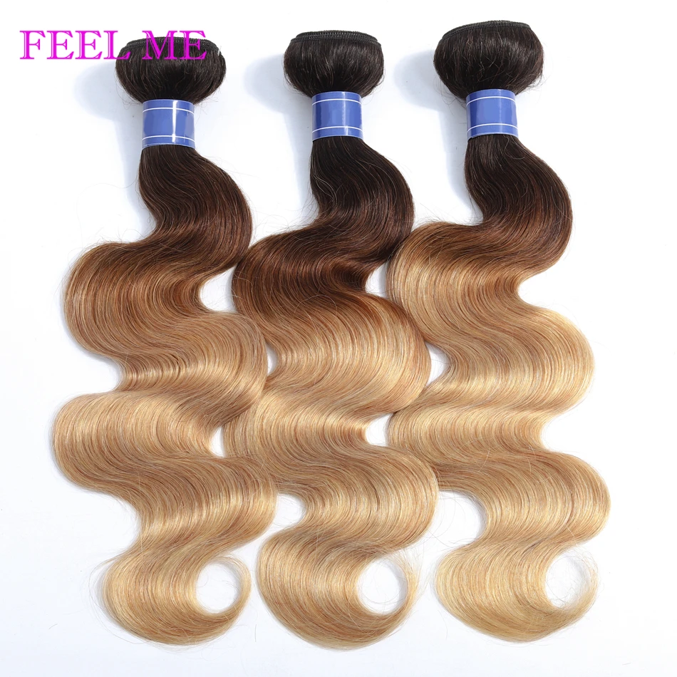 

FEELME Peruvian Body Wave Hair 3/4pcs Ombre Peruvian Human Hair Weave Bundles Color 1B/4/27 Honey Blonde Human Hair Extensions