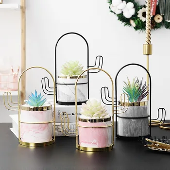 

Nordic Home And Balcony Decoration Electroplated Marble Stripe Ceramic Succulent Pots Mini Flower Pot With Wrought Iron Stand
