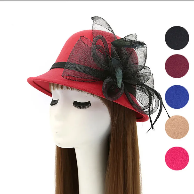 

Solid Ladies Round Top Hat Basin Cap Vintage Wool Felt Bowler Floral Fedora Hats Autumn Winter Bucket Caps For Women Trilby Cap