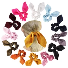 Cor sólida Cetim Scrunchies Cabelo Da Orelha de Coelho Grande Arco Elástico Rabo de Cavalo Cabelo Corda Elásticos de Cabelo Acessórios Mulheres Headwear(China)