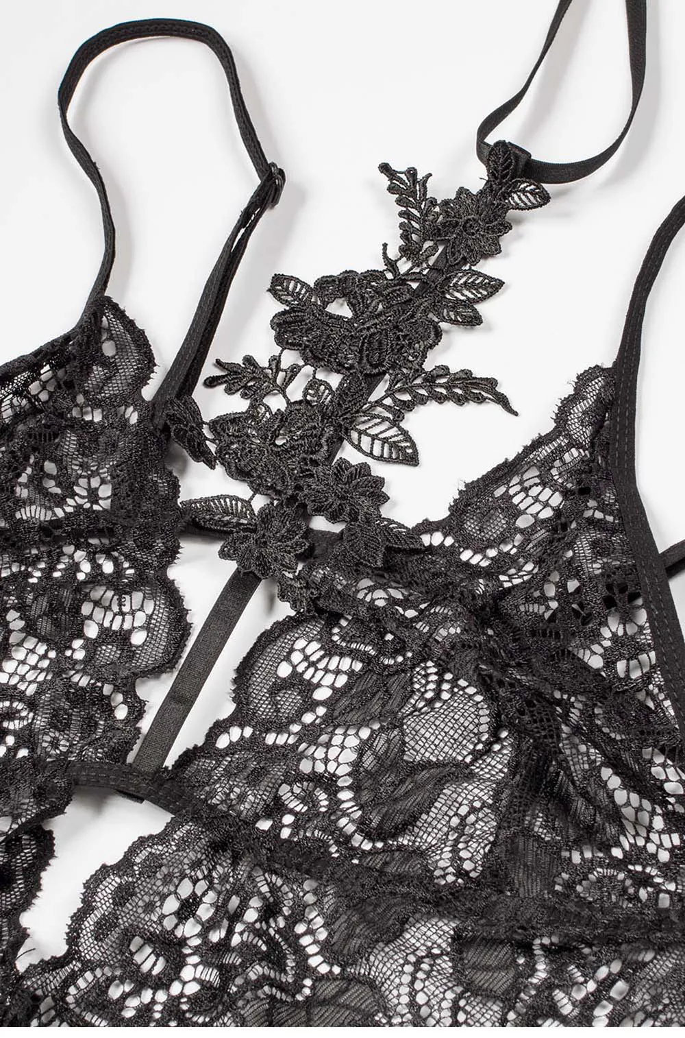 SEBOWEL Sexy Women's Black Rose Appliques Sheer Lace Teddies Bodysuits