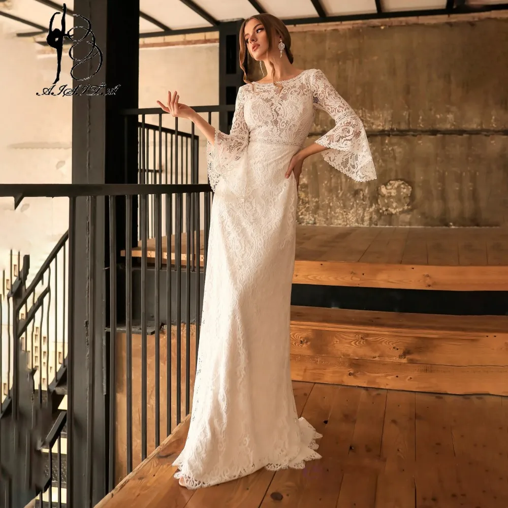 Simple Lace Mermaid Wedding Dress Scoop Neck Three Quarter Flare Sleeve Floor Length Backless Bridal Gowns Vestidos De Novia | Свадьбы и