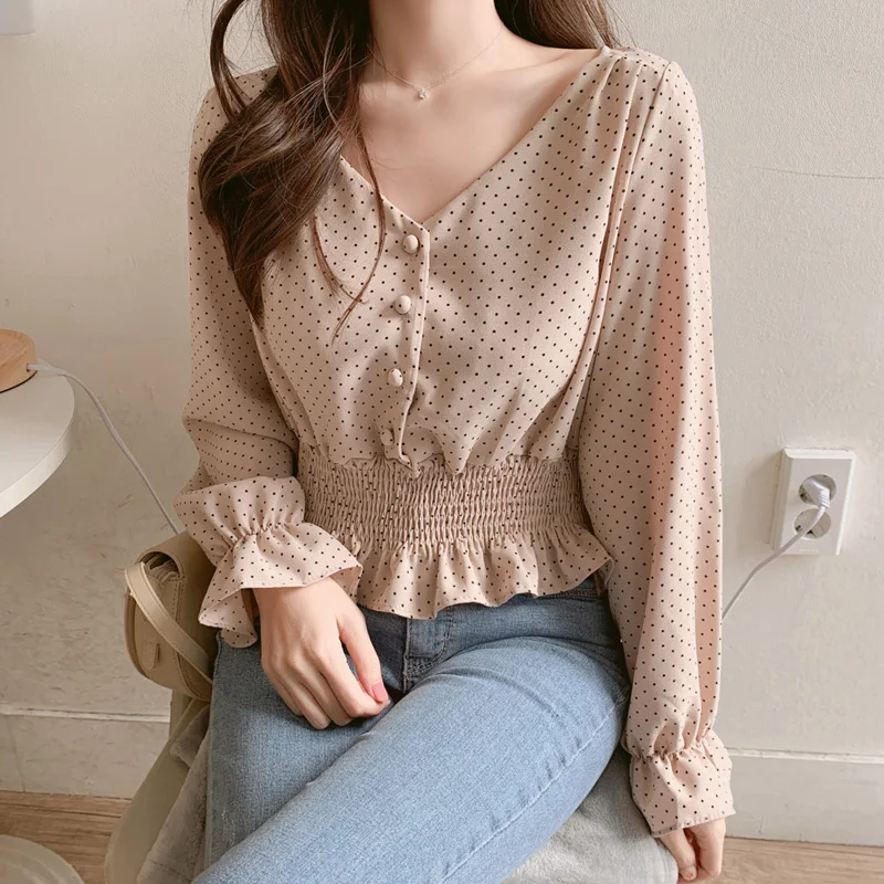  Vintage V-neck Flare Sleeve Polka Dot Women Blouse Shirts Elegant Front Buttons Slim Waist Ruffles 