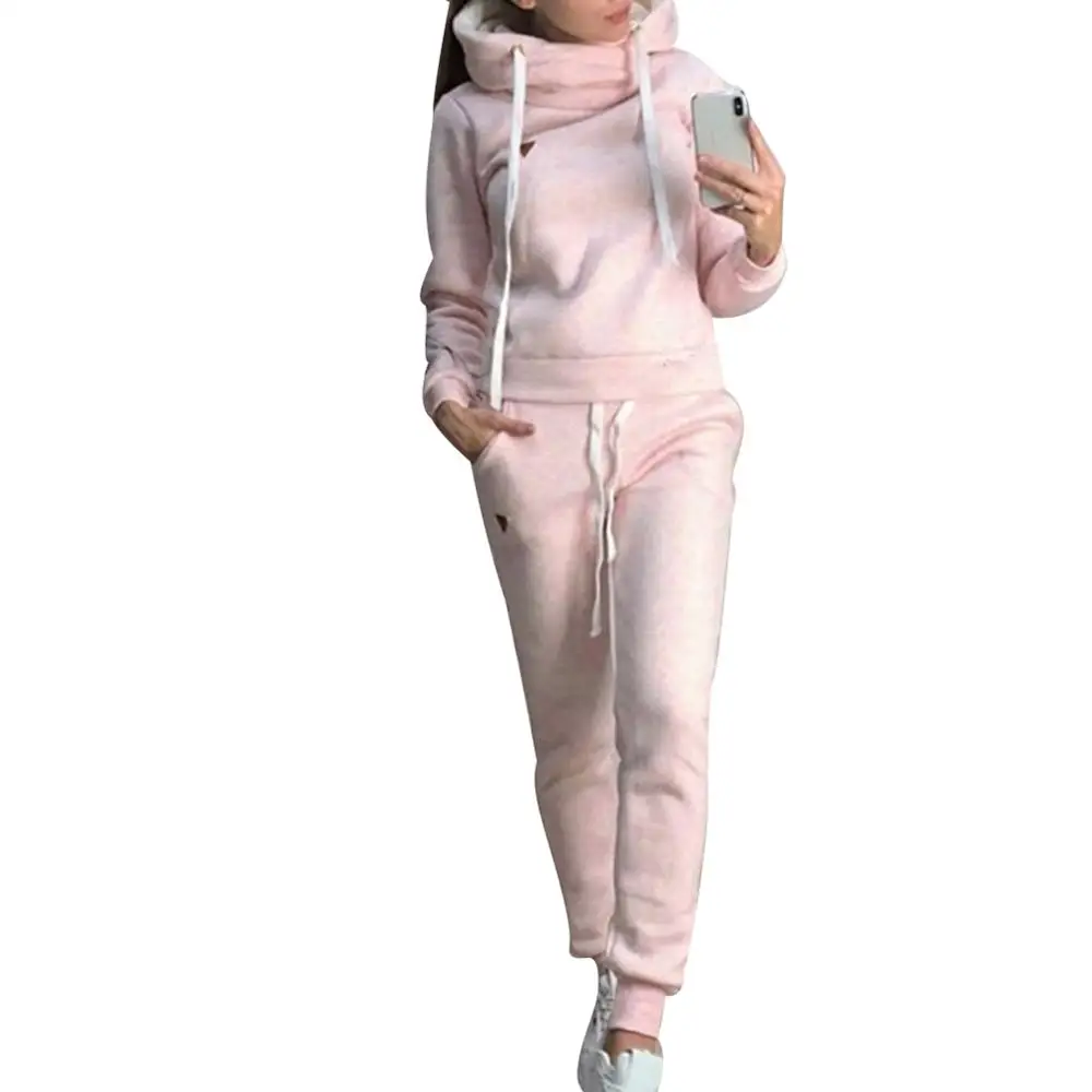 Модный женский костюм из 2 предметов для путешествий, отдыха, бега, Одноцветный флисовый спортивный костюм толстовки с подкладкой, комплект со штанами - Цвет: Розовый