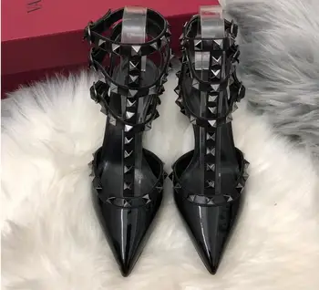 

Women Classics V Brand High Heel Sandal 6cm Thin Heel Pointed Toe Genuine Leather Women Sandal With Rivets Red Wedding Shoes 43