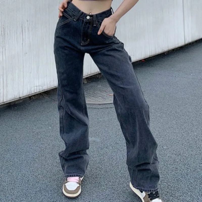 High Waist Jeans for Women Pants Loose Wide Leg Casual Straight Fashionable Streetwear Distressed Jean Femme | Женская одежда
