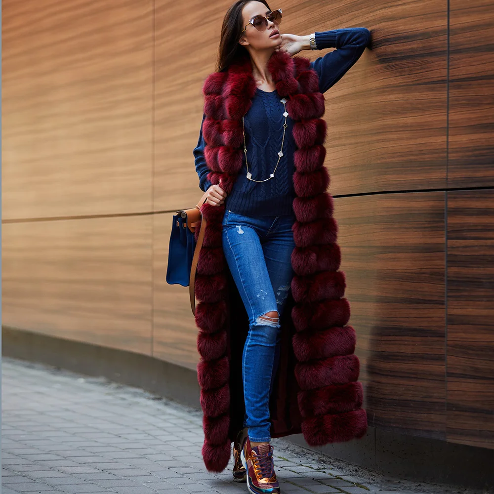 Новинка, модный шерстяной жилет с натуральным лисьим мехом, длинное пальто большого размера из натуральной кожи, женские пальто, Роскошные зимние - Цвет: 120cm long