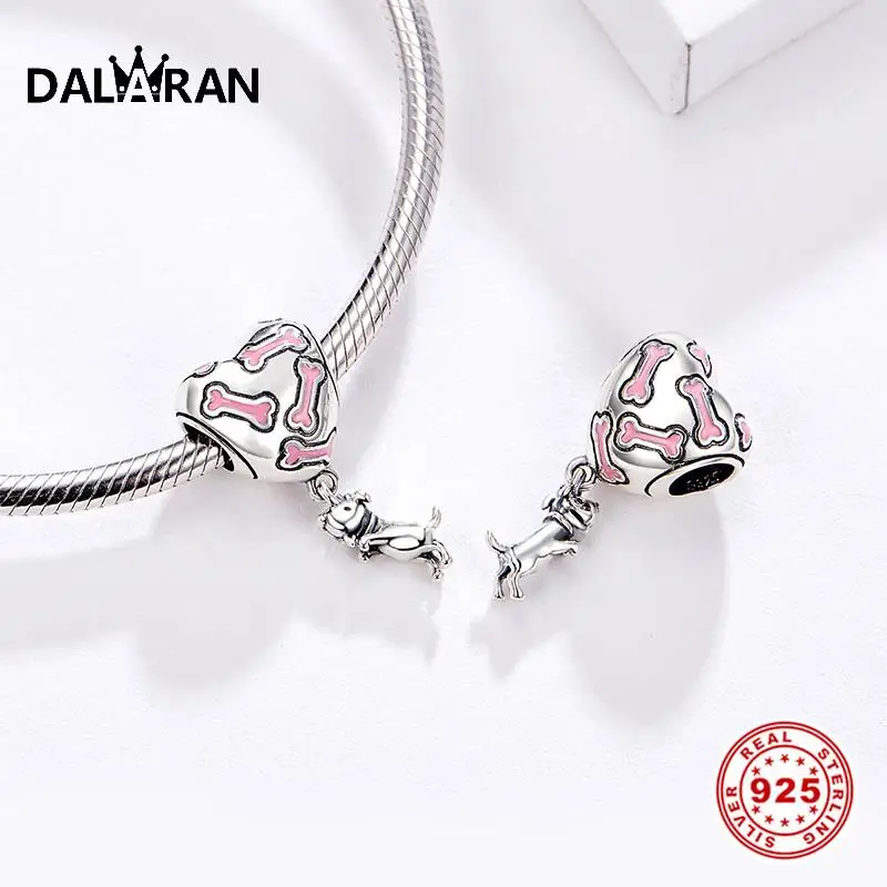 DALARAN 925 Sterling Silver Charms Heart Shape Bone Bead Fit Original Charms Bracelet Pendant Jewelry Making Accessories