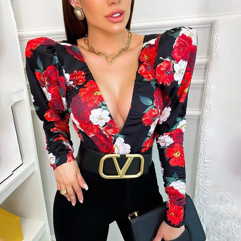 2021 Spring Elegant Boho Print Bodysuits Rompers Women Jumpsuits Puff Sleeve Skinny Sexy V-neck Bodies Ladies Casual Overalls 4