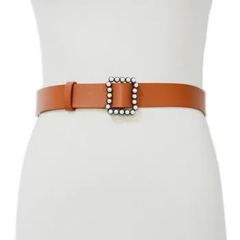 

Women Faux Leather Pearl Buckle Leather Belt Fashion Home Simple Elegant Temperament Square Buckle Women's Decorative Waistband