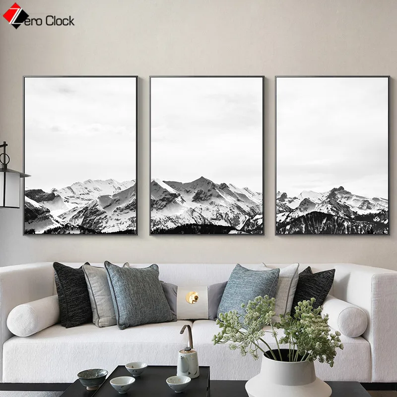 

Nordic Landscape Canvas Painting Snow Mountain Print Nature Poster Modern Black and White Wall Art Wall Pictures for Living Room