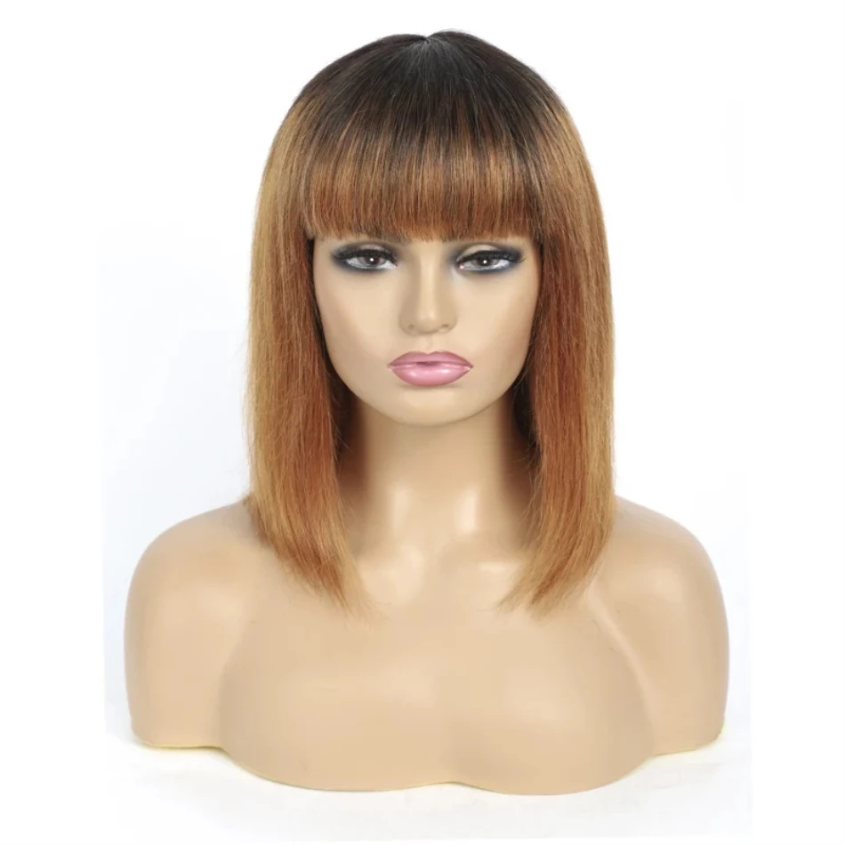 

Dark Blonde Ombre Bob Wig with Bangs Brazilian Remy Human Hair Wig Bob Straight Full Machine Wig with Fringe Two Tone T1B/#30