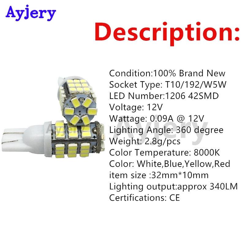 Ayjery! 300 шт. T10 светодиодный 1206 42 SMD высокомощный светодиодный свет лампы для чтения 42 светодиодная Автомобильная лампочка накаливания белые лампы, Распродажа 12 В