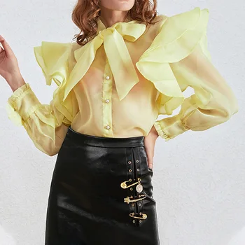 

Galcaur Court Wind Perspective Organza Shirt Female Bow Lace Li Collar Bubble Sleeve Slim Fit Women's Top