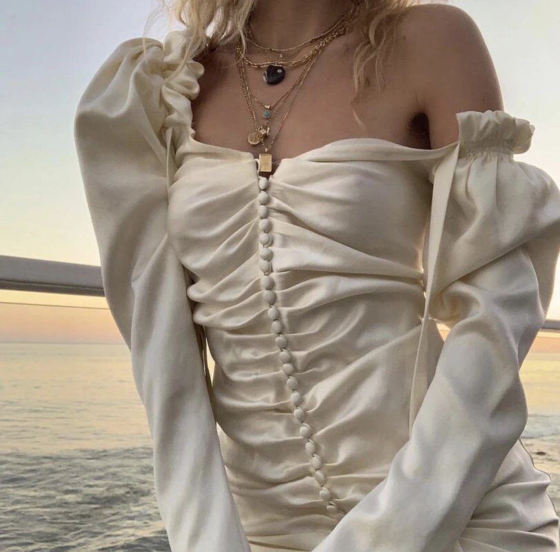 

Satin Silk Mini DRESS Shoulder Off the Shoulder Long Sleeves Front Creased with buttons