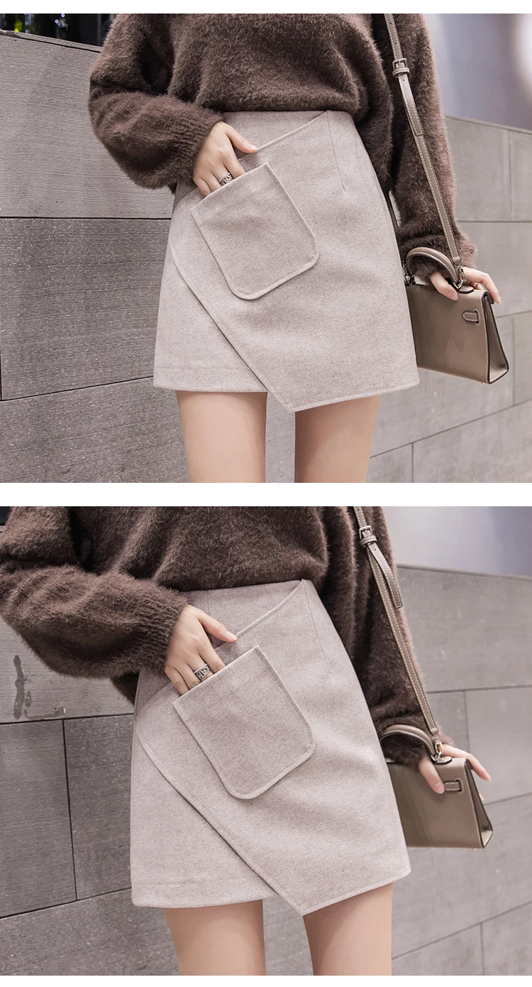 winter woolen mini sexy skirt womans fashion asymmetrical skirts female stripe patchwork pocket elegant black jupe femme