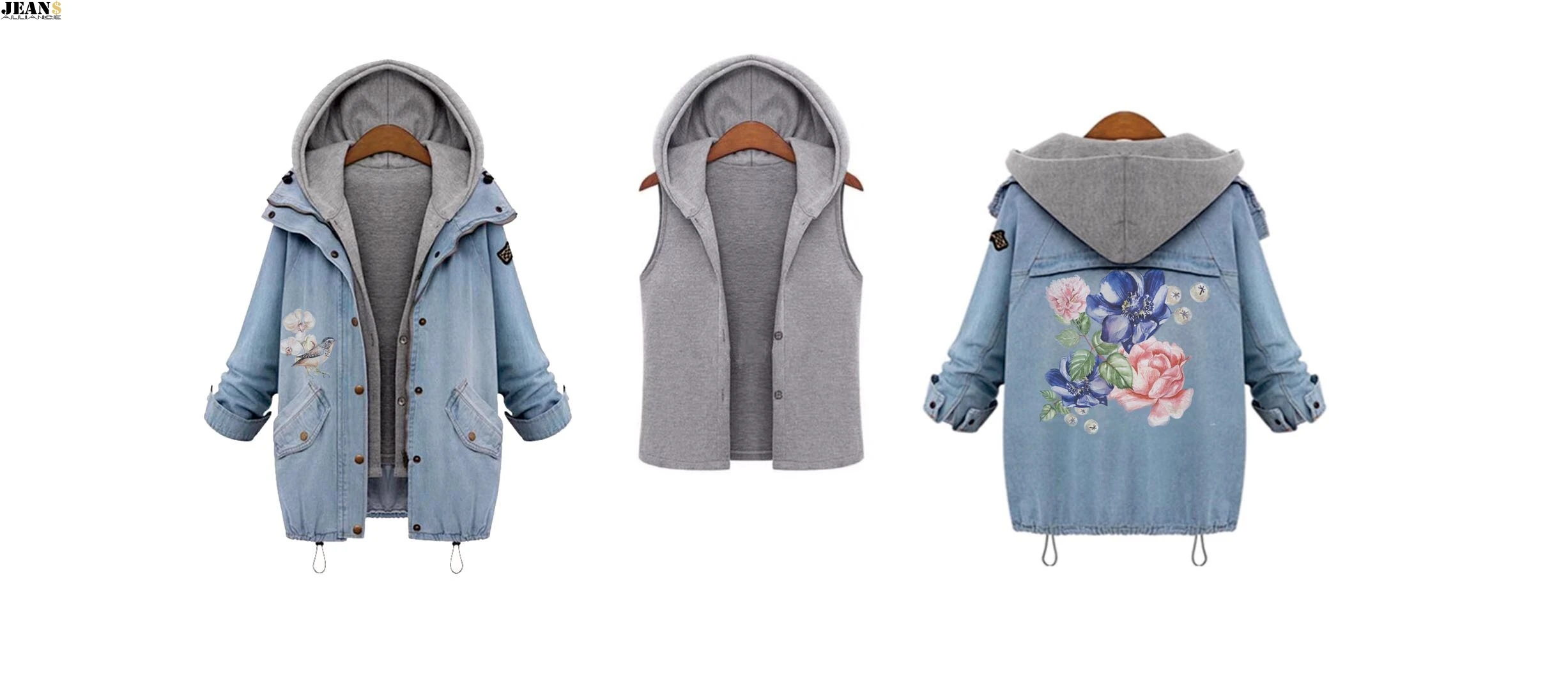 

Original design Women Denim Jacket Coat Femme Two-piece Jacket spring Autumn Hooded Plus Size female Jacket