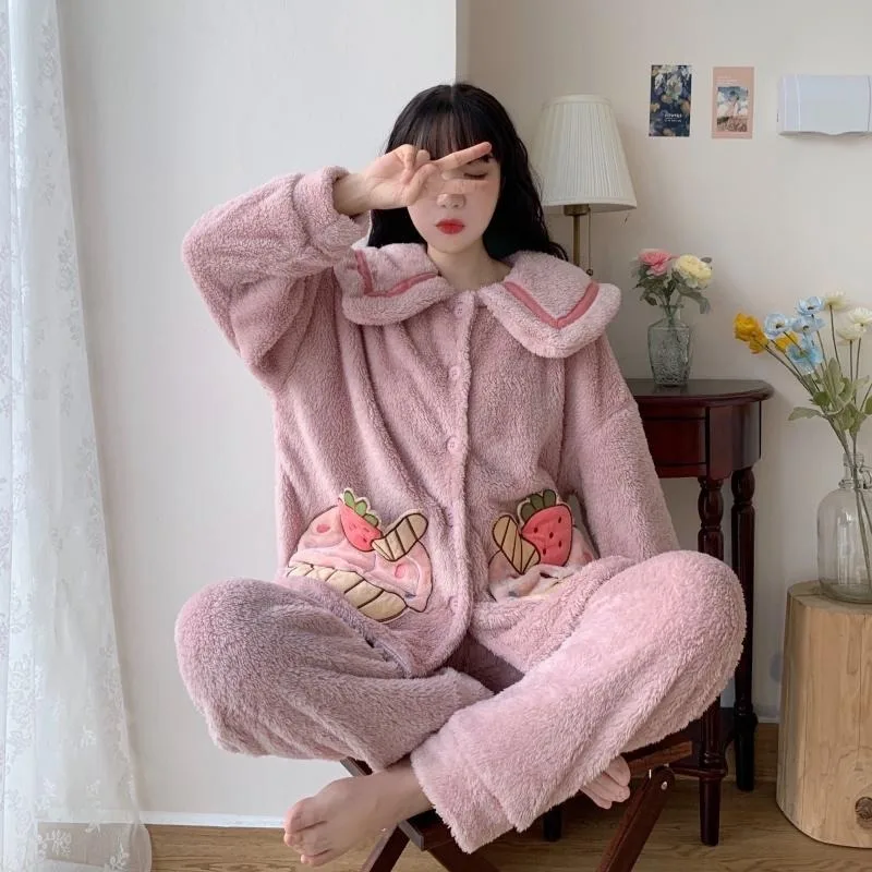 

Winter Pajamas Women 2020 New Cute and Warm Sweet Plush Plush Thickening Plus Velvet Pajama Women Long-sleeved Home Service Suit
