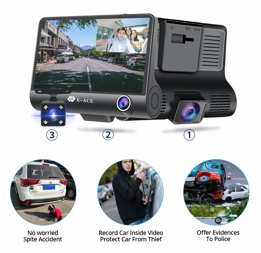 E-ACE B28 HD 1080P Dual Lens Car Dash Cam with 24H Video Monitoring Support