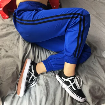 

Autumn Winter Fashion Women Casual Striped High Waist Pants Women Sports Weave Width Loose Casual Trousers Streetwear Blue