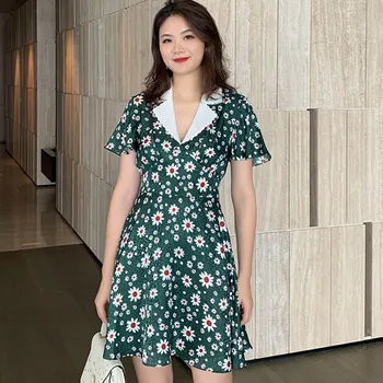 

Retro Style Women's Daisy Floral Print Short Dress Short Sleeve Turn-down Collar Patckwork Spring Summer Mini Dress