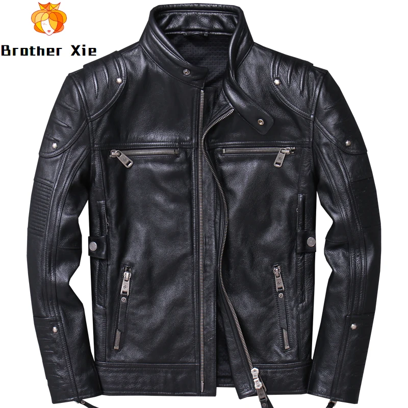 

Genuine Cowhide Leather Motorcycle Biker Jacket Men Fashion Zippers Pleated Real Leather Jacket Male R3093