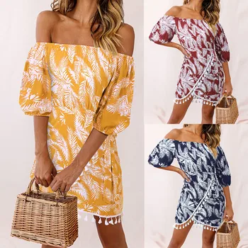 

Womens Sexy Off Shoulder Tassel Irregular Printing Lantern Sleeve Mini Dresses Summer Fashion Sundress Dresses vestidos