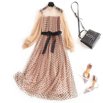 

Fashion Plus Size European Style 2020 Spring Temperament Fairy Flocking Mesh Polka Dot Long Sleeves Lacing Belt Maxi Dress Women