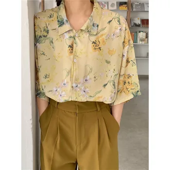 

[EWQ] 2020 Spring Summer New Arrivals Turn Down Collar Three Quarter Sleeve Print Pattern Women Casual Loose Chiffon Shirt AY289