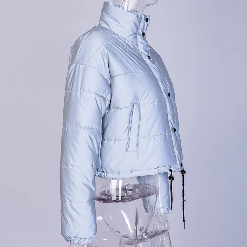 Тренд отражающая куртка короткая зимняя куртка женская утепленная теплая хлопковая одежда Серебристые свободные пальто Повседневная ветровка